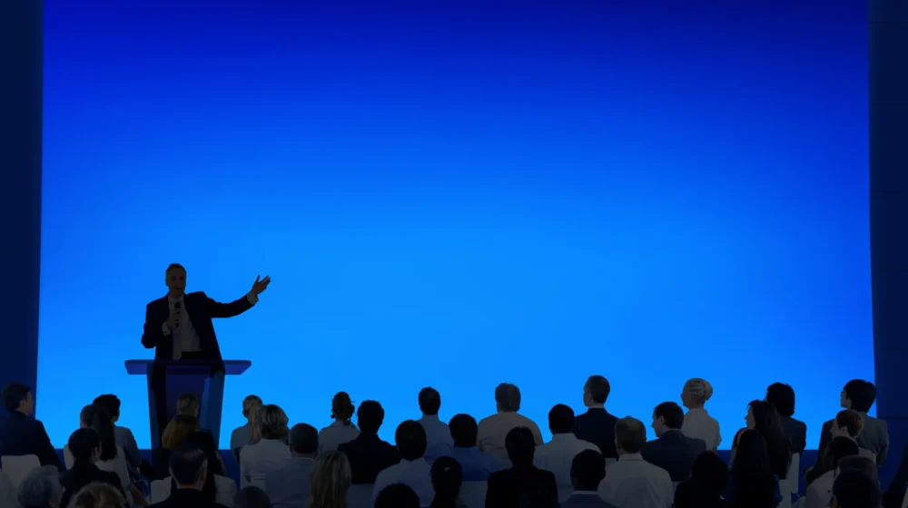 Image of speaker in front of audience on stage