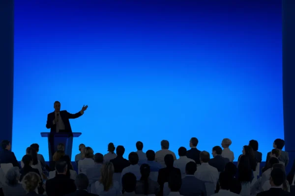 Image of speaker in front of audience on stage