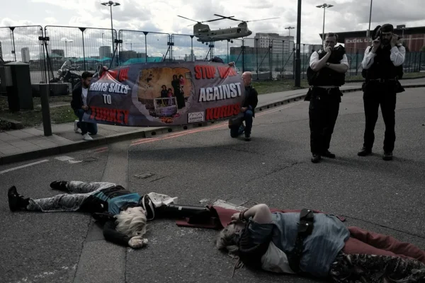 UK_stop_arming_Turkey._Two_protesters_locked_themselves_together_to_block_access_to_Britain's_biggest_arms_fair, DSEI at Excel